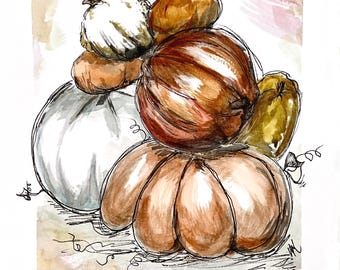 Stampa artistica rustica con mucchio di zucche ad acquerello / Decorazione murale autunnale (digitale)