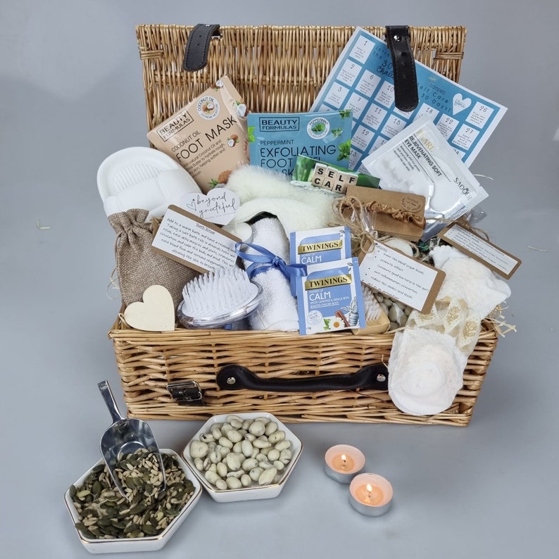 Wellness HAMPER Gift Box Pamper Spa Kit Get Well Unwind Relax Thinking De-stress Relaxation Mindful Self Care Get Well Break Up Birthday Real Wicker Basket