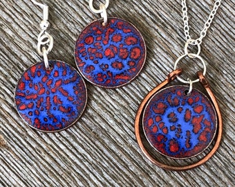 Torch Fired Enamel Copper Jewelry Set: Penny Earrings & Necklace