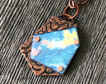 Torch fired glass enamel and copper necklace; etched copper pendant