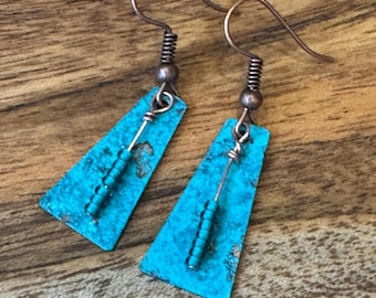 Handmade copper dangle earrings; turquoise patina with glass beads