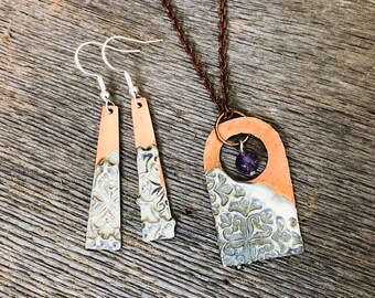 Silver embossed copper necklace with amethyst; matching dangle earrings