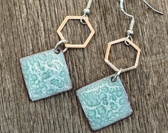 Blue torch-fired glass enamel earrings; hexagon dangle earrings with sterling silver ear wires