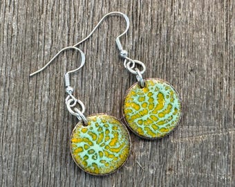 Crackle Enamel Penny Earrings, Torch Fired Copper, Sterling Silver
