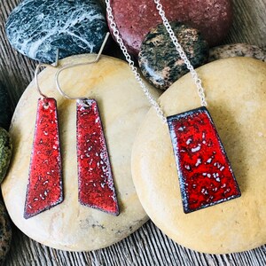 Red torch fired enamel and copper necklace & matching earrings; red crackle enamel