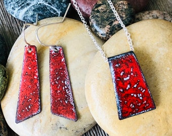 Red torch fired enamel and copper necklace & matching earrings; red crackle enamel