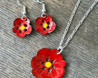 Red poppy earrings and necklace; torch fired enamel and copper;
