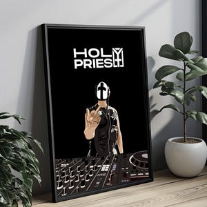 May include: A black and white poster with the text "HOLY PRIEST" in white letters. A person wearing a black mask with a white cross on it is standing in front of a soundboard.