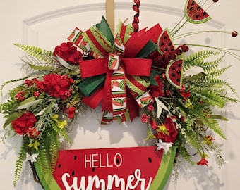 Watermelon Summer Wreath for Front Door, Hello Summer Grapevine Wreath, Watermelon Door Hanger, Summer Porch Decor, Red Green Wreath