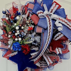 Patriotic 4th of July Wreath, Red White Blue Door Decor, American Flag Ribbon Wreath, Independence Day Wreath, Handmade USA Summer Decor