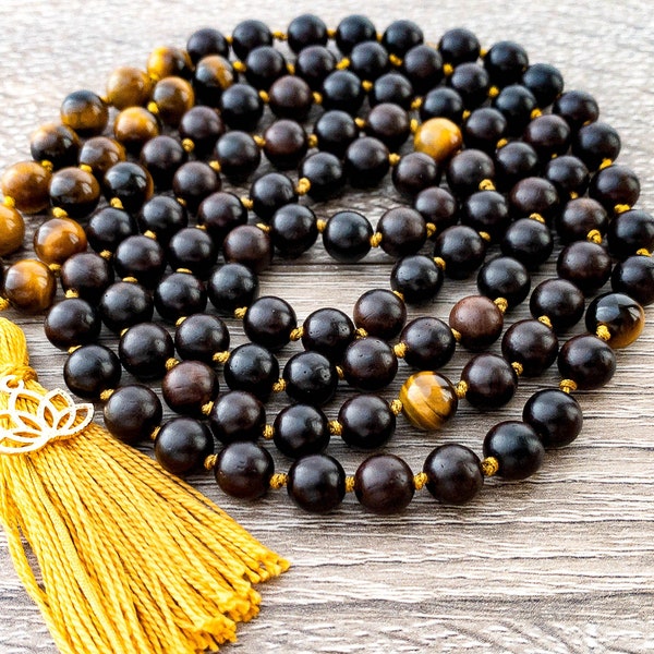 Vitality and Courage Mala with Tiger's Eye, Dragons Blood Tree wood Beads, Mala, Hand Knotted, 108 Beads Mala