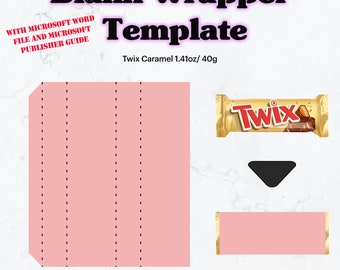 May include: A pink printable wrapper template for a Twix Caramel candy bar. The template includes fold lines and a space for text. The image also shows a Twix candy bar and a black triangle.