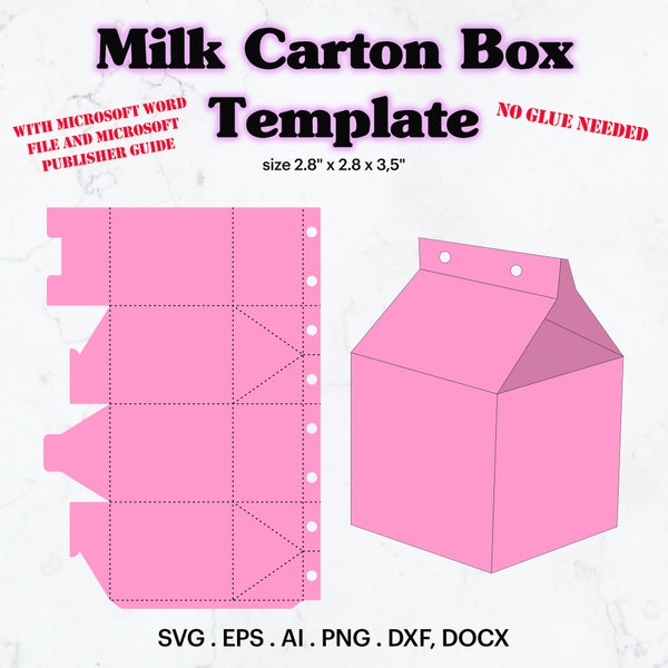 Plantilla de caja de cartón de leche SVG, Tamaño 2.8" x 2.8" x 3.5" Plantilla Tamaño A4, Favor de cumpleaños, Favores de fiesta, Plantilla en blanco, Cricut, Silueta