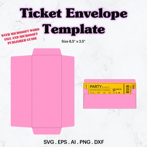 Modelo de envelope de ingresso SVG, tamanho de envelope de dinheiro 8,5" x 3,5" modelo em branco, lembrancinha de festa de aniversário, lembrancinha de festa de casamento, Cricut, silhueta