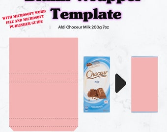 May include: A pink printable wrapper template for a chocolate bar. The template includes a dotted line for folding and the text "Aldi Choceur Milk 200g 7oz".
