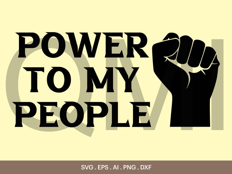 以下が含まれることがあります： 「POWER TO MY PEOPLE」というテキストと握りこぶしを組み合わせた白黒のグラフィックデザインです。