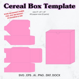 Modelo de caixa de cereal SVG, caixa média tamanho 8" x 6" x 4" modelo tamanho A3, lembrança de aniversário, materiais de festa, modelo em branco, Cricut, silhueta