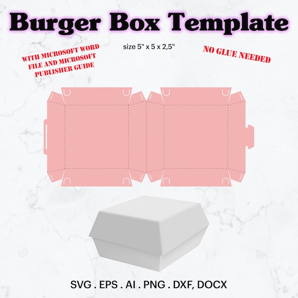 Burger Box Template (NO GLUE) SVG (A3), Hamburger Box size 5" x 5" x 2,5" Template, Gift Box Party, Custom Burger Box, Cricut, Silhouette