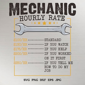 May include: A humorous graphic with a wrench and a list of hourly rates for a mechanic. The rates increase based on the level of assistance provided. The text reads: "Mechanic Hourly Rate $100/HR - STANDARD $150/HR - IF YOU WATCH $175/HR - IF YOU HELP $200/HR - IF YOU WORKED ON IT FIRST $250/HR - IF YOU TELL ME HOW TO DO MY JOB SVG PNG DXF EPS JPG"