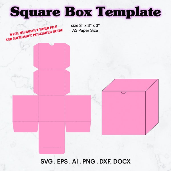 Square Box Template SVG, A3 Paper Size, Box 3" x 3" x 3" Template, Birthday Party Supplies Idea, Birthday Favor Template, Cricut, Silhouette