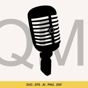 May include: Black and white silhouette of a vintage microphone with a grid pattern on the front. The microphone is in the center of the image with the letters "QMI" in gray behind it.