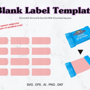 Puede incluir: Una plantilla imprimible para crear etiquetas para los cuadrados de chocolate con leche, almendras y sal marina Ghirardelli. La plantilla incluye 10 etiquetas en blanco de color rosa claro con un borde de línea punteada. La plantilla es compatible con Microsoft Word y Publisher. La imagen también muestra un envoltorio de barra de chocolate azul y blanco con el logotipo de Ghirardelli y el texto "minis" y "Chocolate con leche, sal marina y almendras".