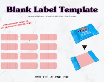 May include: A printable template for creating labels for Ghirardelli Almond & Sea Salt Milk Chocolate Squares. The template includes 10 blank labels in a light pink color with a dotted line border. The template is compatible with Microsoft Word and Publisher. The image also shows a blue and white chocolate bar wrapper with the Ghirardelli logo and the text "minis" and "Milk Chocolate Sea Salt Almond".
