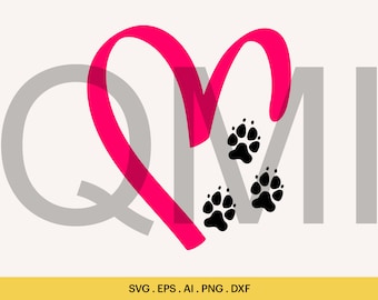 May include: A pink heart with three black paw prints inside, surrounded by the letters "QMI" in gray.