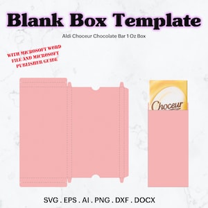Może przedstawiać: Różowy szablon pudełka na batonik czekoladowy. Szablon zawiera linie zgięcia i klapkę. Szablon jest oznaczony jako "Aldi Choceur Chocolate Bar 1 Oz Box".