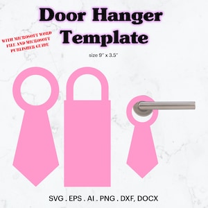 Puede incluir: Tres plantillas de colgador de puerta de color rosa en forma de corbata, rectángulo y corbata con ojo de cerradura. Las plantillas son de 9 pulgadas por 3,5 pulgadas y están disponibles en los formatos SVG, EPS, AI, PNG, DXF y DOCX.