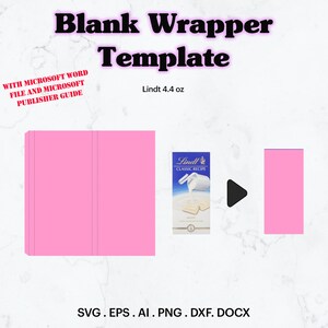 Könnte beinhalten: Eine rosa bedruckbare Wrapper-Vorlage für einen Schokoriegel. Die Vorlage enthält eine Vorder-, Rückseite und eine Seitenfläche. Die Vorlage ist für die Verwendung mit Microsoft Word und Publisher konzipiert. Die Vorlage ist für einen 4,4 Unzen Schokoriegel. Das Bild zeigt auch eine Beispielverpackung für einen Schokoriegel mit dem Lindt-Logo und dem Text "Klassisches Rezept".