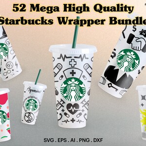 May include: 52 Mega High Quality Starbucks Wrapper Bundle, a digital download of printable designs for 24 oz venti size cups. The designs include a variety of themes, such as zodiac signs, medical symbols, and a watermelon pattern.