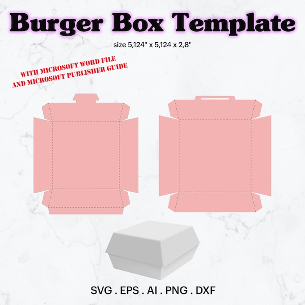 Burger Box Template SVG, Hamburger Box taille 5 124" x 5 124 x 2,8" Template, Gift Box Party, Custom Cheese Burger Box, Cricut, Silhouette