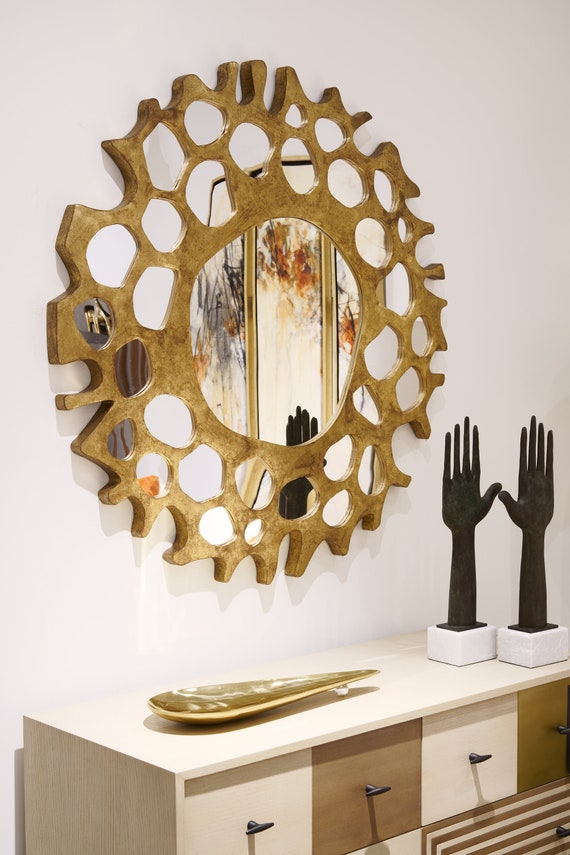 Specchio dorato decorativo solare, specchio solare, specchio rotondo, specchio  dorato, specchio realizzato a mano, appeso a parete, decorazione da parete  -  Italia