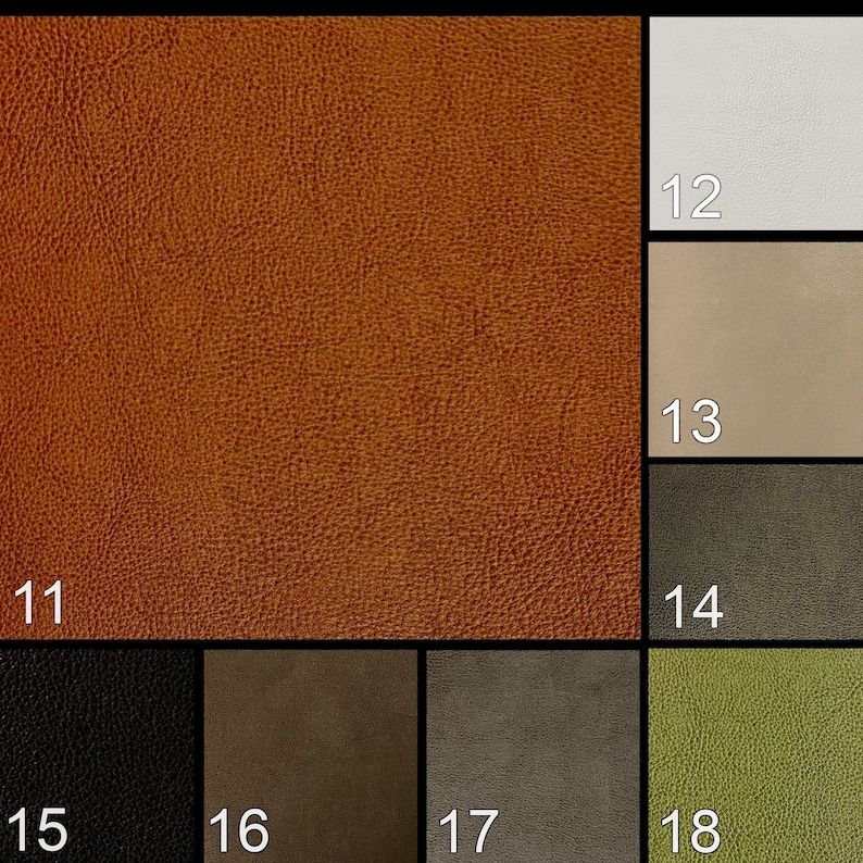 Puede incluir: Primer plano de una textura de cuero marr&oacute;n. La imagen est&aacute; dividida en 18 secciones, cada una etiquetada con un n&uacute;mero. Los n&uacute;meros 11, 12, 13, 14, 15, 16, 17 y 18 son visibles.