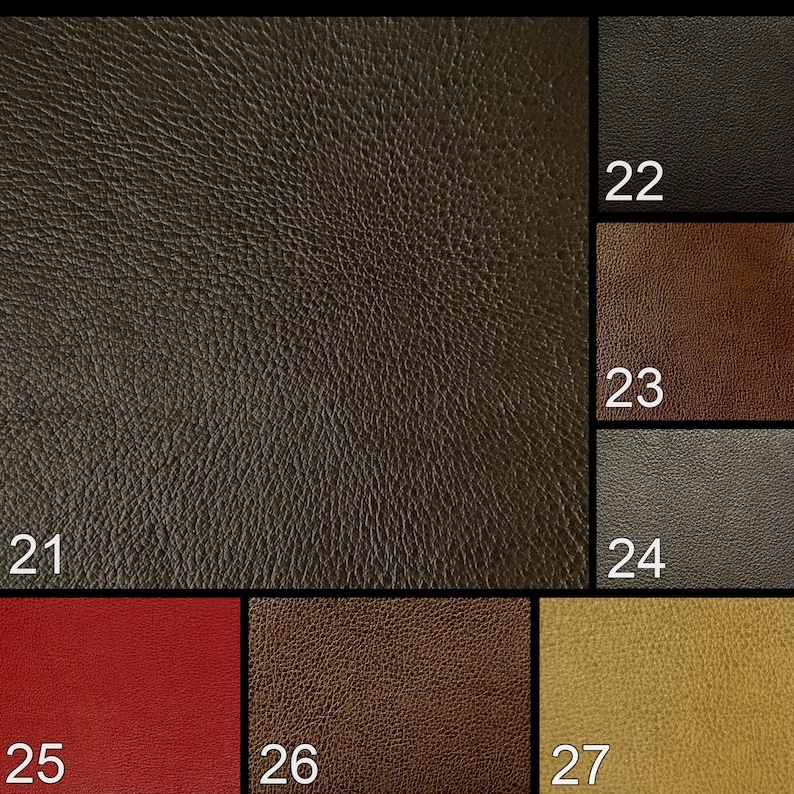 Puede incluir: Primer plano de nueve muestras de cuero de diferentes colores, incluyendo negro, marr&oacute;n, gris, rojo y beige. Las muestras est&aacute;n numeradas del 21 al 27.