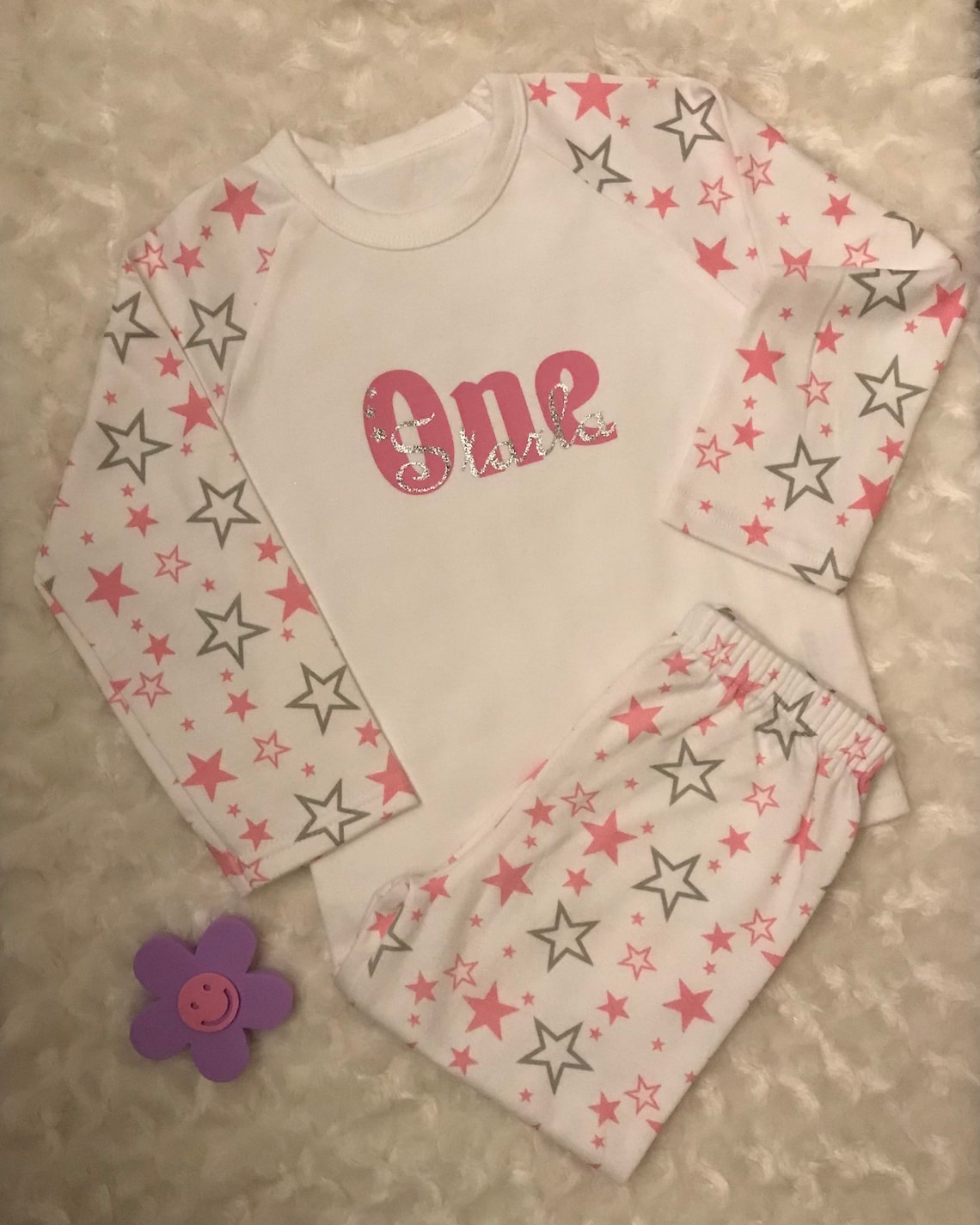 1st Birthday Pyjamas. PJs. Personalised. Pink Stars print. Etsy