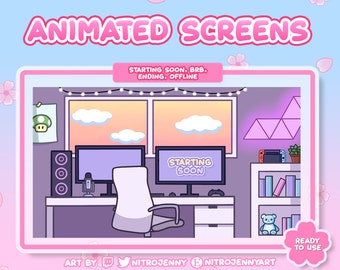 Animated Stream Screens for Twitch and Youtube | Starting Soon, BRB, Ending, Offline | Lofi Gamer Room | Sunset | Aesthetic Chill Cute