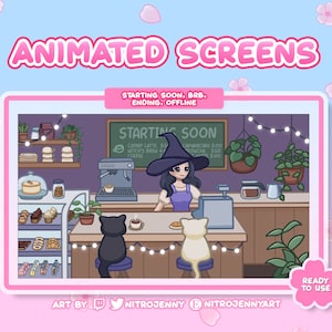 Écrans de flux animés pour twitch et Youtube | Début bientôt, BRB, Fin, | hors ligne | du Witch Cat Cafe | café Esthétique Chill Lofi Mignon