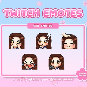 Lindos emoticonos de chibi girl para Twitch, Discord y Youtube / Brunette / Brown Eyes / Kawaii / Stream / Digital