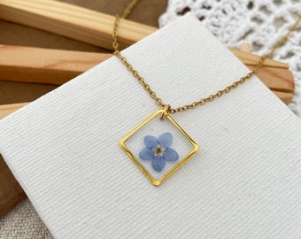 Vergissmeinnicht Kette, echte Blume Halskette, Anhänger Blume gepresst