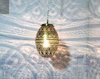 Handmade Copper Moroccan Hanging Pendant Light - Bohemian Engraved Brass Ceiling Light Fixture - Morocco Gold Silver Black Hanging Lampshade