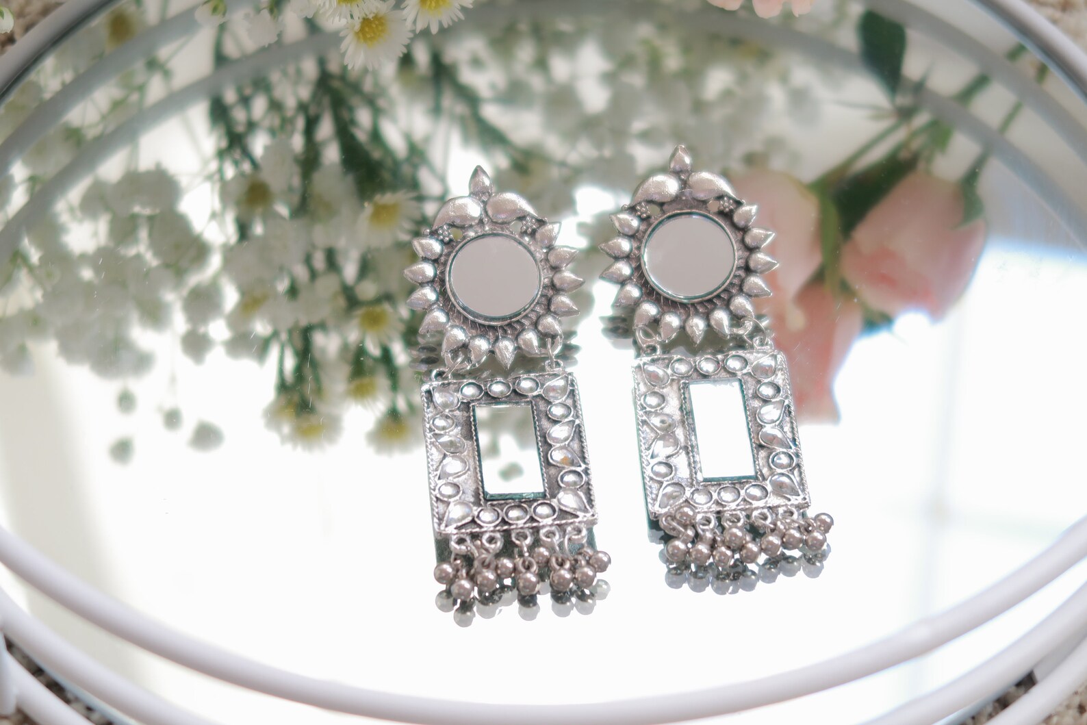 Mirror Earrings Rectangular Oxidized Jewelry Indian Ornaments Etsy