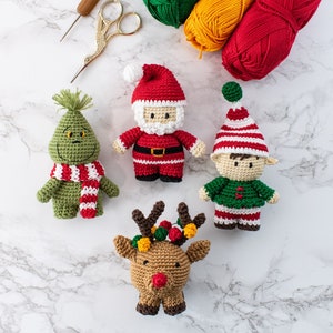 PACK 4: Grinch, Santa Claus, Chubby Rudolph reindeer and Elf crochet Christmas ornaments PATTERN
