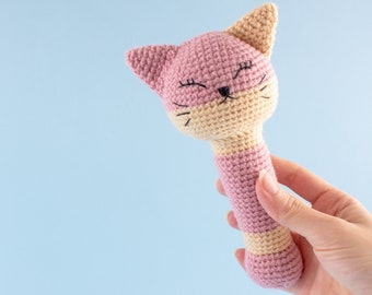 Patrón de sonajero de gato a crochet / Juguete amigurumi para bebé (Descarga PDF)