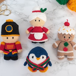 PACK 4: Gingerbread Man, Mrs. Claus, Nutcracker and chubby Penguin crochet Christmas ornaments PATTERN