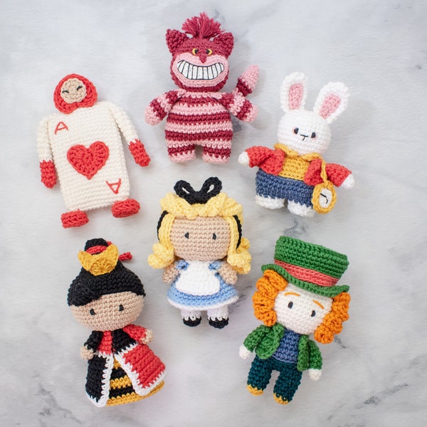 PACK 6: Alice in Wonderland PDF patterns. Cheshire cat, White Rabbit, Mad Hatter, Queen of Hearts, Card Soldier and, Alice amigurumi pattern