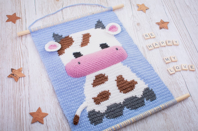 Baby cow wall hanging pattern Wall crochet decor Nursery decor pattern Crochet Decor for kids Animal Wall tapestry image 3