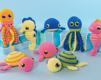 BUNDEL: 4 gehaakte amigurumi-patroon van kleine zeedieren | Gehaakt speelgoedpatroon van kwallen, walvissen, zeepaardjes en schildpadden | Video uitleg