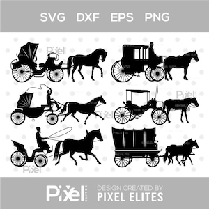 Carrega arquivos de corte SVG | Silhueta de carruagem de cavalo | Cavalo Svg | Pacote Svg do Stage Coach